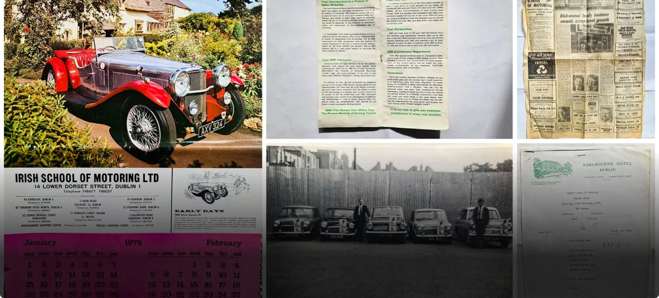 A_collage_featuring_vintage_cars_an_old_newspaper_ISM_Driving_lessons