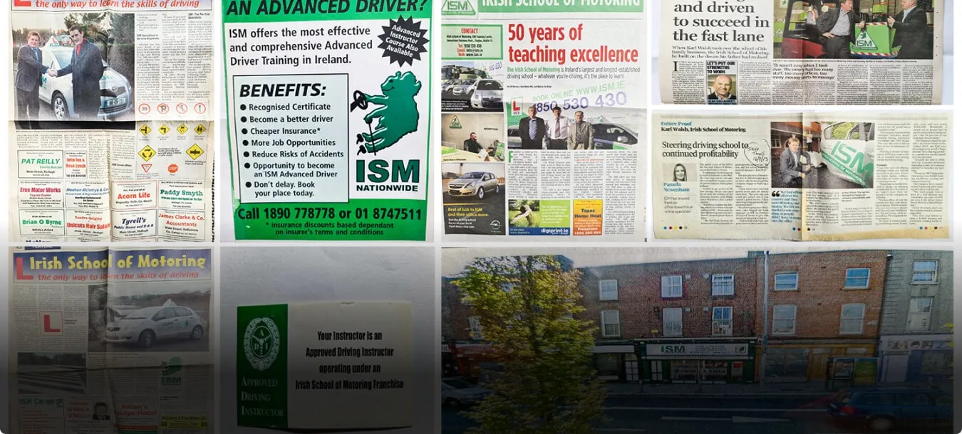 A_collage_featuring_various_newspaper_articles_and_images_ISM_Driving_lessons